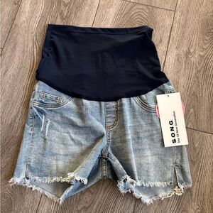 SONG Maternity Denim Shorts with Black Waistband